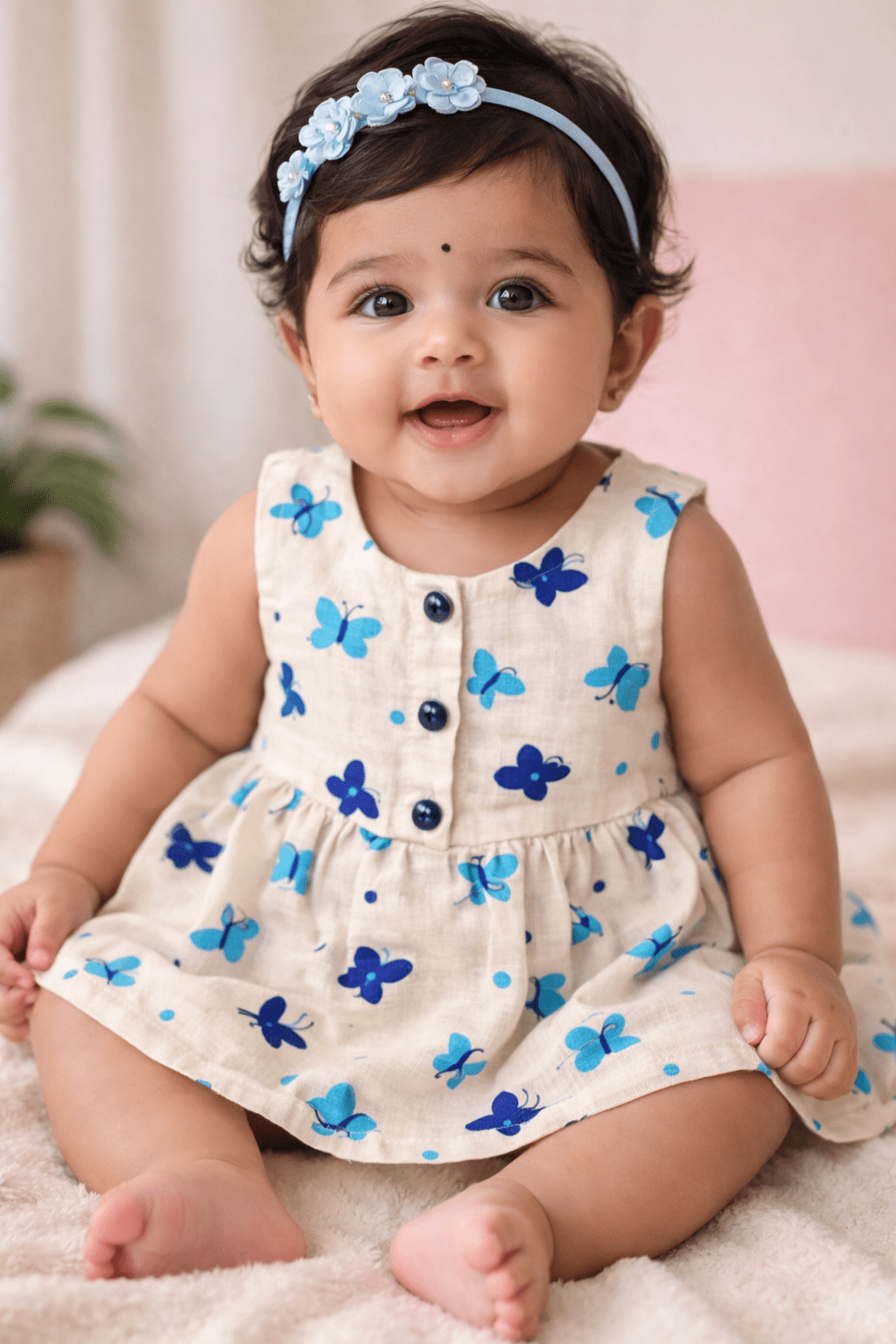 Organic Muslin Baby Frock for Girls - Double Layer Butterfly Blue Print - momndada