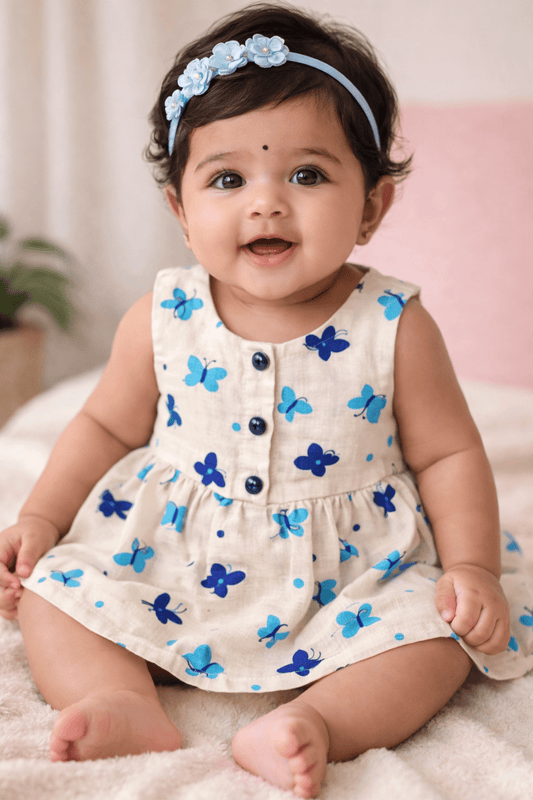 Organic Muslin Baby Frock for Girls - Double Layer Butterfly Blue Print - momndada