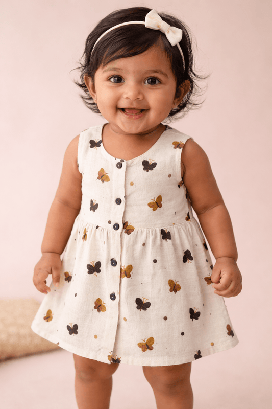 Organic Muslin Baby Frock for Girls - Double Layer Butterfly Brown Print - momndada