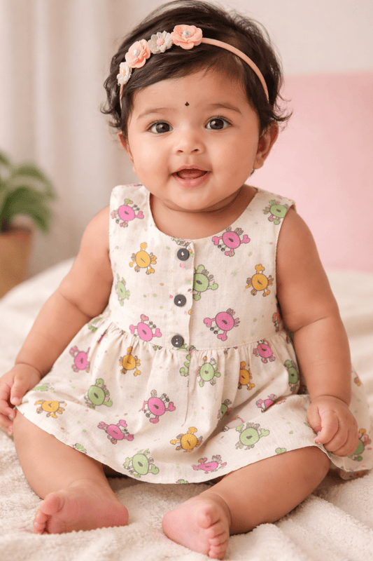 Organic Muslin Baby Frock for Girls - Double Layer Crab Print - momndada