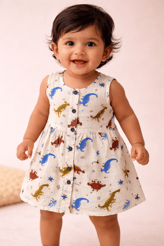 Organic Muslin Baby Frock for Girls - Double Layer Dino Print - momndada