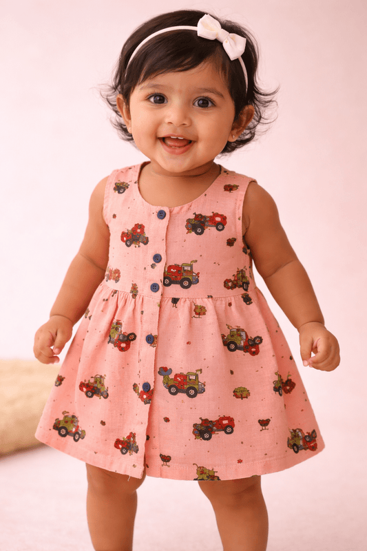 Organic Muslin Baby Frock for Girls - Double Layer Tractor Print - momndada