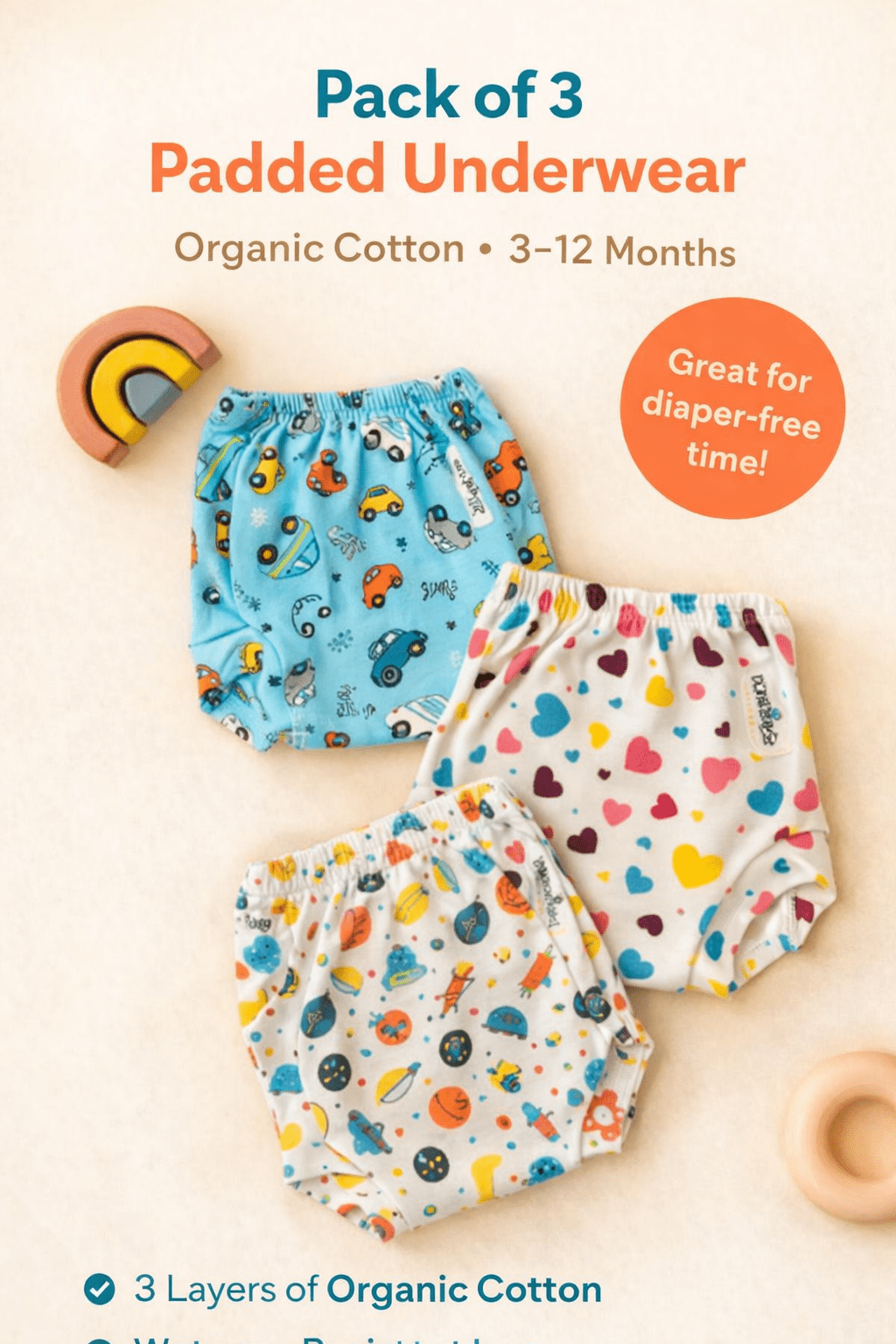 Organic Padded Underwear 3–12 Months - Pack of 3(Assorted) - momndada