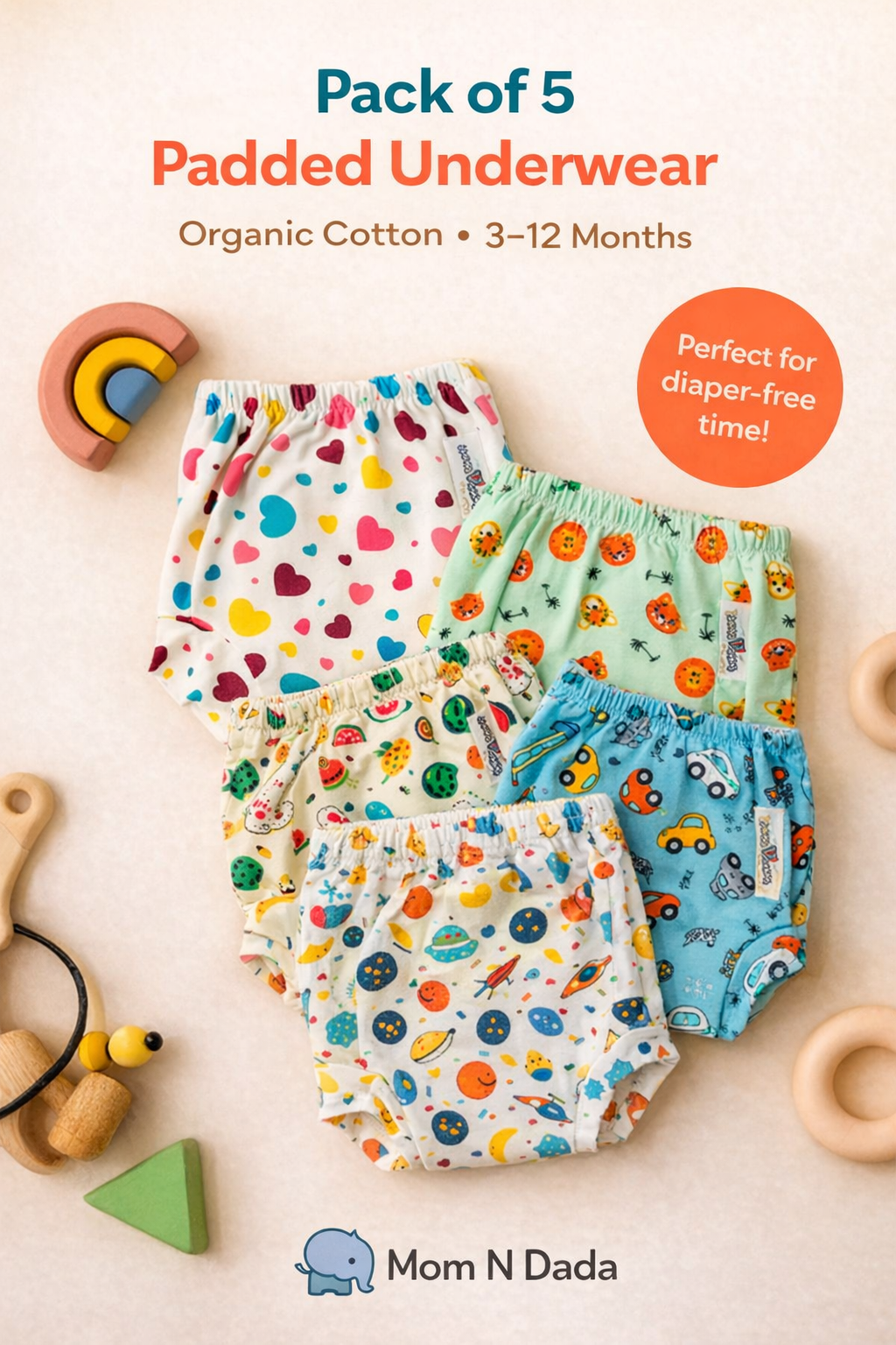 Organic Padded Underwear 3–12 Months - Pack of 5(Assorted) - momndada