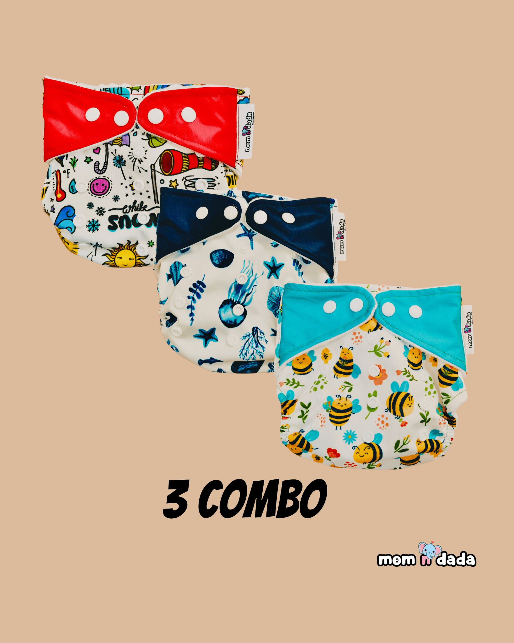 Organic Reusable Cloth Diapers - Pack of 3 (Assorted) - momndada