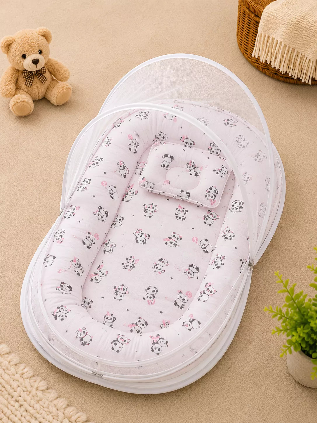 Muslin Baby Net Bed with Mosquito Net | Panda print (Upto Above 1 year)