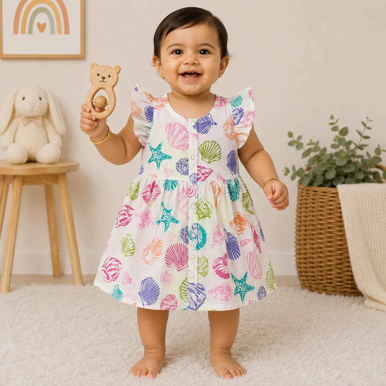 Muslin Cotton Baby Dress with Frill Sleeves |  Shell Print