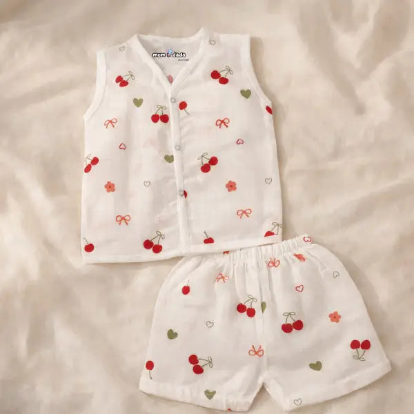 Muslin Sleeveless Co-ord Set - Cherry Print