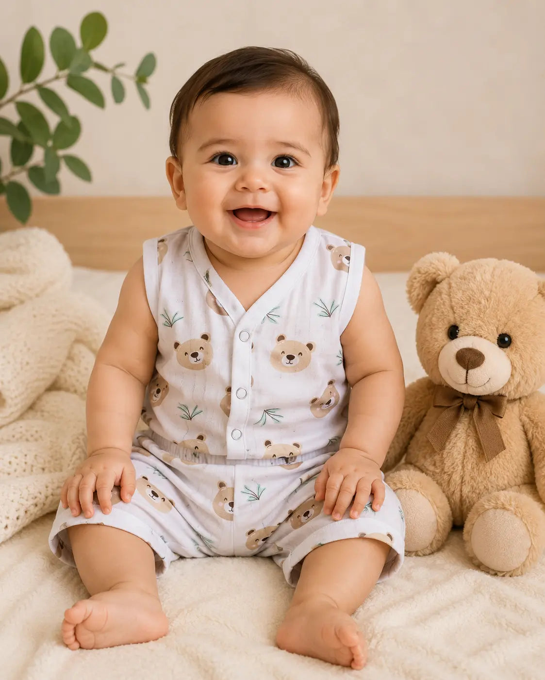 Muslin Sleeveless Co-ord Set - Teddy  Print