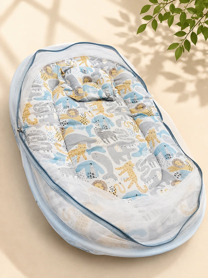 Muslin Baby Net Bed with Mosquito Net | zoo print (Upto Above 1 year)