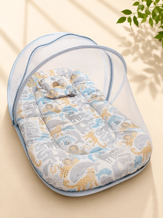 Muslin Baby Net Bed with Mosquito Net | zoo print (Upto Above 1 year)